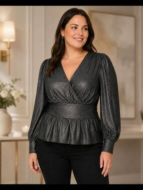 Karl Lagerfeld Shimmery Black Wrap Peplum Blouse Large Holiday Party